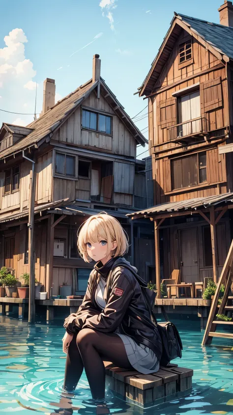 Outside the submerged city,floating houses,collapsed houses,one 20years old woman,blonde short hair,sitting on the floating house