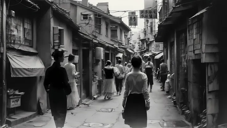 China 80s，Black and white photography，Crowded streets, Fan Hao Photography,  in a narrow chinese alley, People walking on the street, Busy Street, Chinese Village, populous，Black and white photo、HD