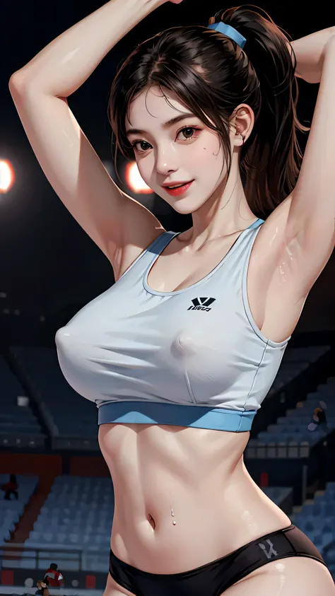 highest quality、movie lighting、 Girl in sports bra and sports panties、((Big Breasts))、Fine Lines、Raise your arms、Stadium、smile、expensive、、Sweaty、black hair ponytail、Narrow waist，Erect nipples