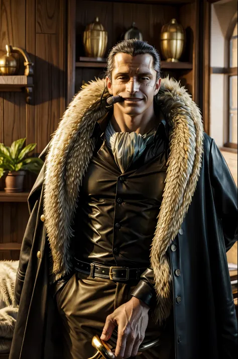 masterpiece, best quality, extremely detailed, hyperrealistic, photorealistic, a cool 40s man, ultra detailed face:1.2, fur-trimmed coat, scarf around the neck, his left hand is a golden pirate hook:1.1, distant view shot, modern living room, lots of plant...