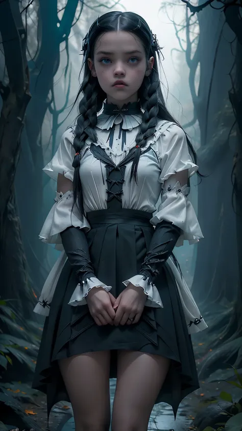 Jenna Ortega as Wednesday Addams, con vestido corto Lolita white , (fondo bosque tenebroso rojo:1.4) , puntaje_9, puntaje_8_arriba, puntaje_7_arriba, puntaje_6_arriba, classification_explicit, 1 chica, ((18 years:1.2)), adulto, labios llenos, grandes ojos ...