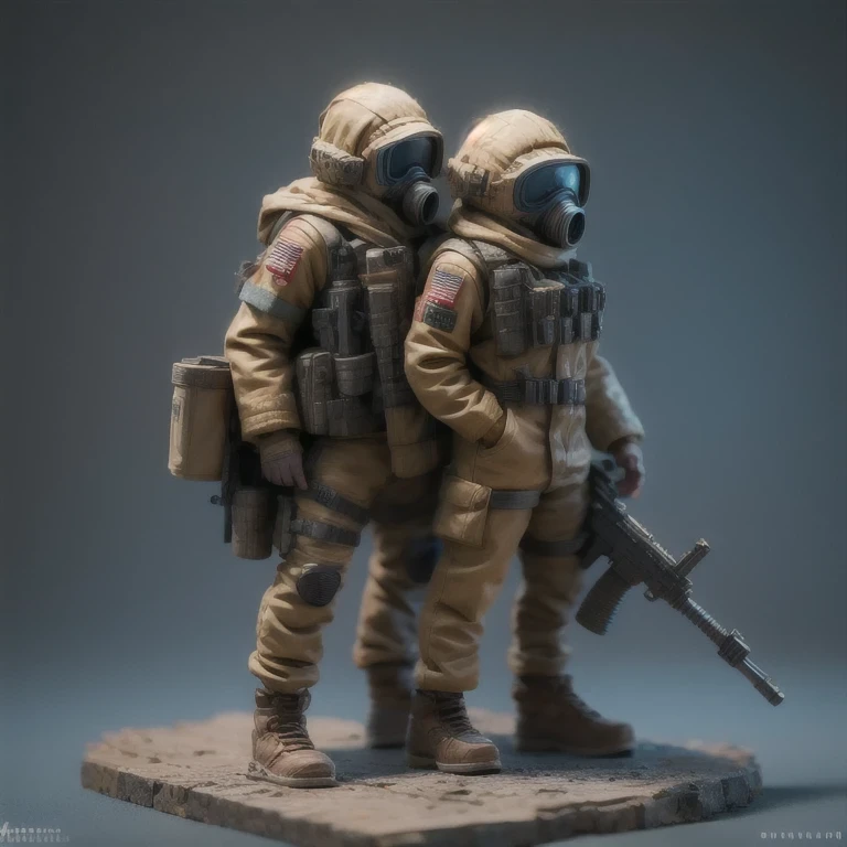 ((Side view))(Fabric flax)(vinyl toy figurineUHD 8K)Alafud Soldier with gas mask and gun, Sanya Toy, Guerrilla, vinyl toy figurine, Highly detailed toy, ((Snow camouflage suit))Future combat equipment, Stop motion vinyl character, Soldier, Marmoset Renderi...