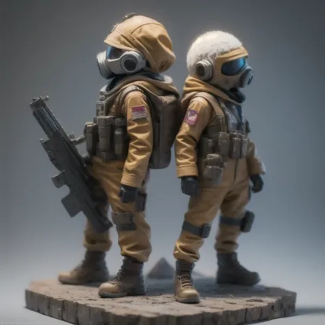 ((Side view))(Fabric flax)(vinyl toy figurineUHD 8K)Alafud Soldier with gas mask and gun, Sanya Toy, Guerrilla, vinyl toy figurine, Highly detailed toy, ((Red and white Snow camouflage suit))Future combat equipment, Stop motion vinyl character, Soldier, Ma...