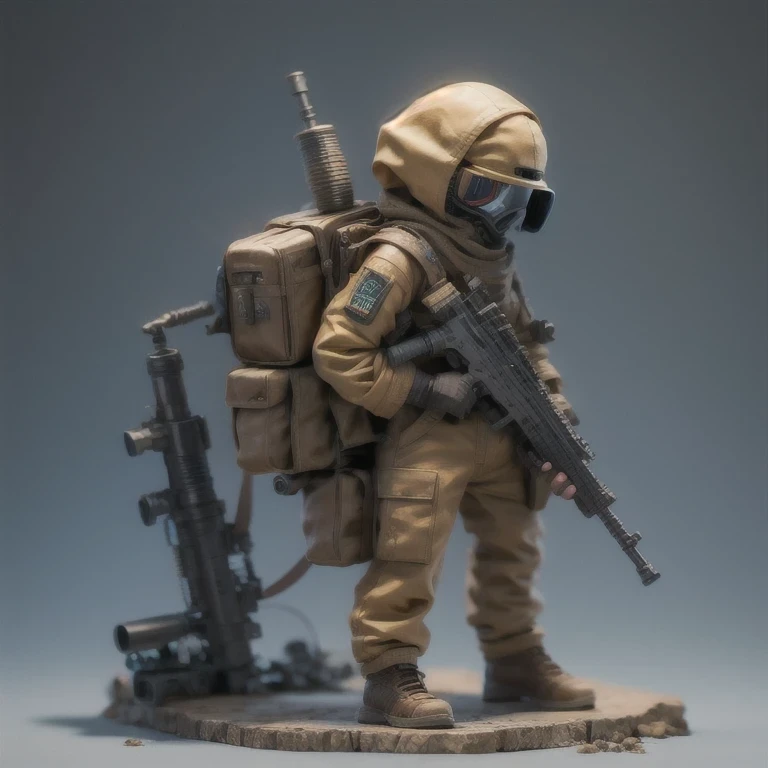 ((Side view))(Fabric flax)(vinyl toy figurineUHD 8K)Alafud Soldier with gas mask and gun, Sanya Toy, Guerrilla, vinyl toy figurine, Highly detailed toy, ((Red and white Snow camouflage suit))Future combat equipment, Stop motion vinyl character, Soldier, Ma...