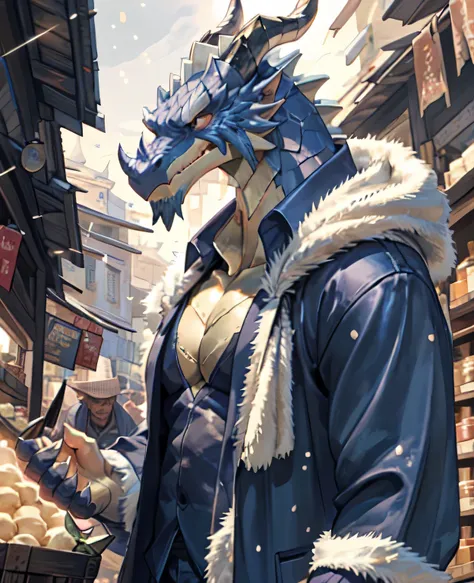 dough, chef&#39;artwork, official art,  dragon, horn, queue, layer, muscle, fort, i, no, coat, dequeueed eyes, upper body, (half...