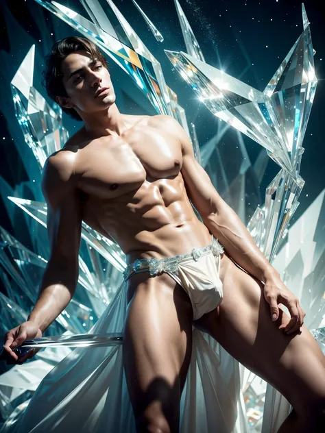 (realistic, Masterpiece, best quality, height, Highly detailed), Handsome young man poses nude surrounded by crystal, The identity of the crystal as a human, 18 year old male, bright colors, realistic light, SPARKLING REFLECTION, Bright and radiant skin, C...