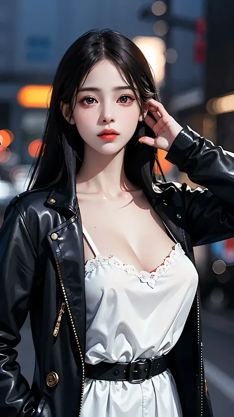 Beautiful girl with realistic black eyes, Pale skin, Long black hair, Perfect Face, Perfect Eyes, Wearing a coat, Very detailed, Overall Movie, Digital Painting, 8k, movie lighting, highest quality, High resolution, well done!, Post-processing, Perfect res...