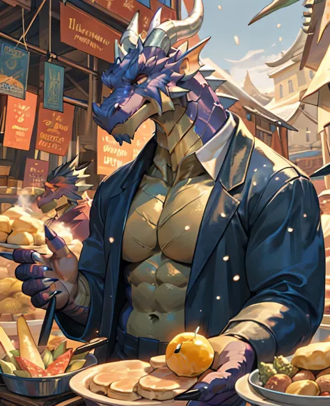 dough, chef&#39;artwork, official art,  dragon, horn, queue, layer, muscle, fort, i, no, coat, dequeueed eyes, upper body, (half...