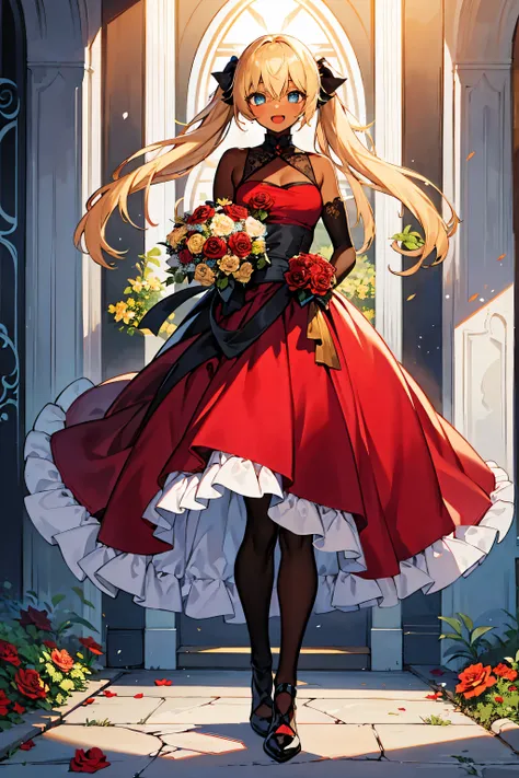 masterpiece, best quality, 1girl,full body,twin tail,bright Gold Hair,blue eyes,dark skin,looking at the viewer, ((holding a bouquet)),red rose bouquet,open mouth smile,Im in a flower garden, Tailored fit dress,Stand with your feet shoulder-width apart