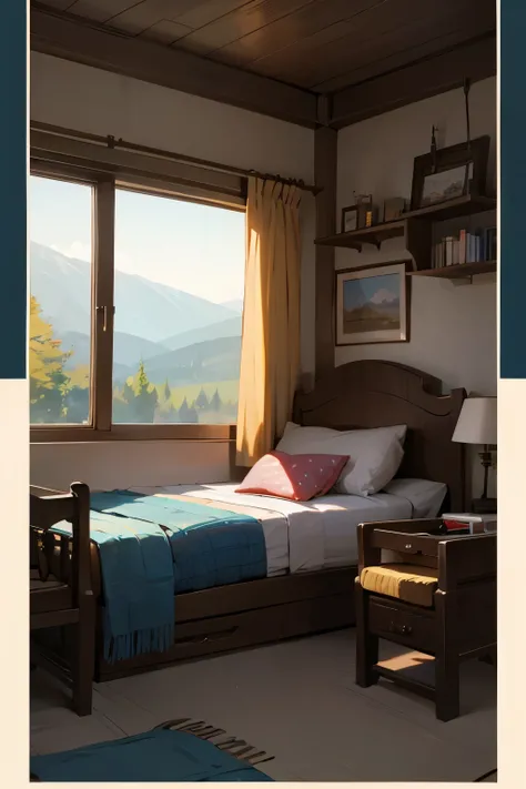 Cute room、window、Mountain view、bed、machine、