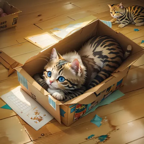 there is a cat lying in a box on the floor., realistic paintings by brian thomas, tumbler, photorealism, cute cat, adorable digi...