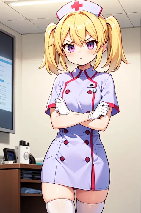 1girl, solo, nurse, nurse cap, white nurse uniform, ((white legwear, zettai ryouiki)), white gloves, twintails, yellow hair, purple eyes, angry, crossed arms, standing, ((hospital room)), sharp outline, short sleeves, best quality, masterpiece