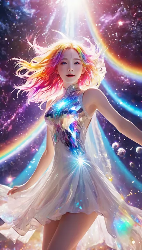 Floating in space、((whole body))、Reach out, highest quality, Highly detailed CG synthesis 8k wallpaper, Cinema lighting, Lens flare, Beautiful eye for detail, White clothes,  Multicolored Hair, Rich and colorful light, particle, 16 years old、girl、Laugh fea...