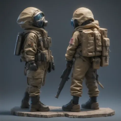 ((Side view))(Fabric flax)(vinyl toy figurineUHD 8K)Alafud Soldier with gas mask and gun, Sanya Toy, Guerrilla, vinyl toy figurine, Highly detailed toy, ((Snow camouflage suit))Future combat equipment, Stop motion vinyl character, Soldier, Marmoset Renderi...