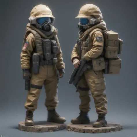 ((Side view))(Fabric flax)(vinyl toy figurineUHD 8K)Alafud Soldier with gas mask and gun, Sanya Toy, Guerrilla, vinyl toy figurine, Highly detailed toy, ((Snow camouflage suit))Future combat equipment, Stop motion vinyl character, Soldier, Marmoset Renderi...