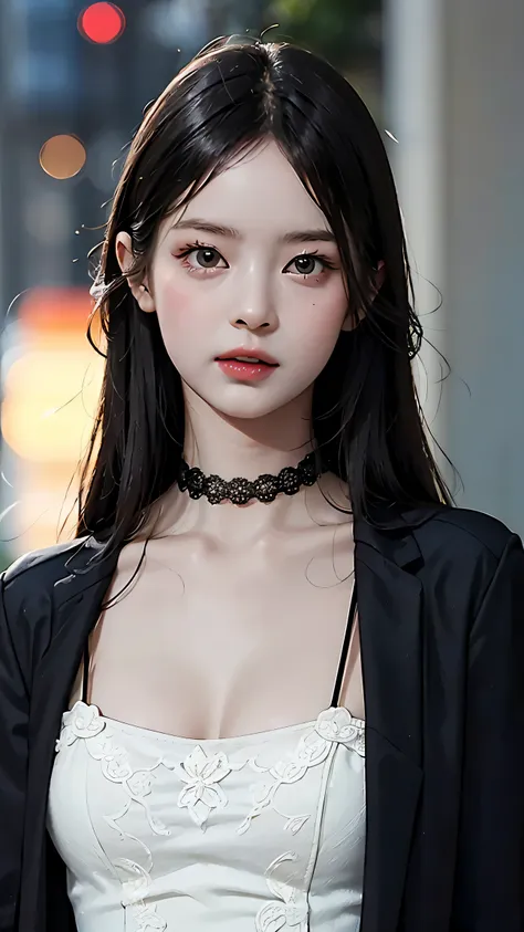 beautiful girl with realistic black eyes, pale skin, long black hair, perfect face, perfect eyes, ((wearing a black coat)),((a t...