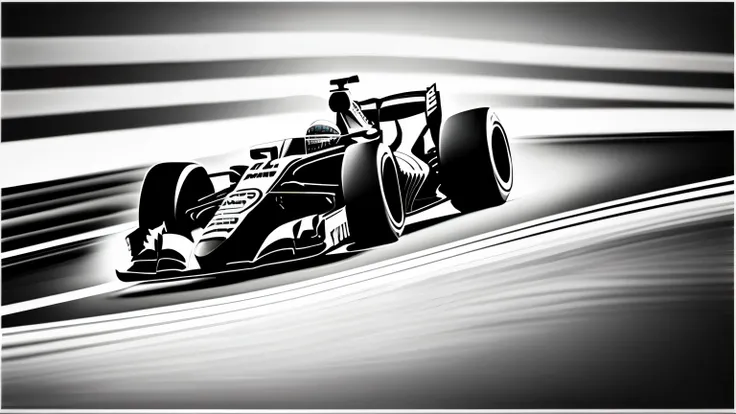 best quality, (motion-blur:1.3), Formula One car racing around a circuit, with the image style created by dividing light and dark areas with the hardness of a pencil, monochrome, super fine, 16k, incredibly absurdres, extremely detailed, delicate, flashy a...