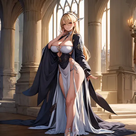 A woman wearing a white dress in the tower of a medieval castle, overlooking a medieval city, long blonde hair, orange eyes, smiling, big breasts, full body,HDR, ultra resolution, well defined, masterpiece, 8K HD. (solo woman)
