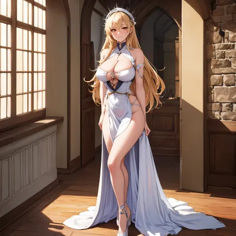 A woman wearing a white dress in the tower of a medieval castle, overlooking a medieval city, long blonde hair, orange eyes, smiling, big breasts, full body,HDR, ultra resolution, well defined, masterpiece, 8K HD. (solo woman)
