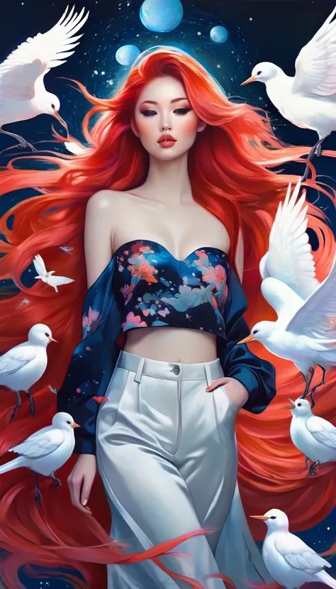 a nude woman with long red hair and a bunch of white birds, loish and wlop, artgerm and james jean, red haired goddess, by loish, inspired by Ross Tran, james jean and wlop, cloud goddess, by Ross Tran, artwork in the style of guweiz, loish and ross tran, ...