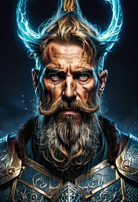 Thor,Norse mythology,gothic style,volumetric lights,(Big beard:1.5), full beard, hanging beard, massive beard, warrior beard style 