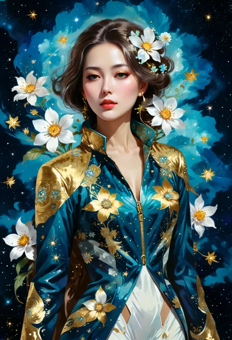 arafed image of a woman with a jacket and flowers, cosmic girl, inspired by Zhou Wenjing, suit made of stars, goddess of galaxies, galaxy + baroque, girl in space, cosmic style, cosmic goddess, inspired by Wen Jia, portrait of a cosmic goddess, exquisite d...