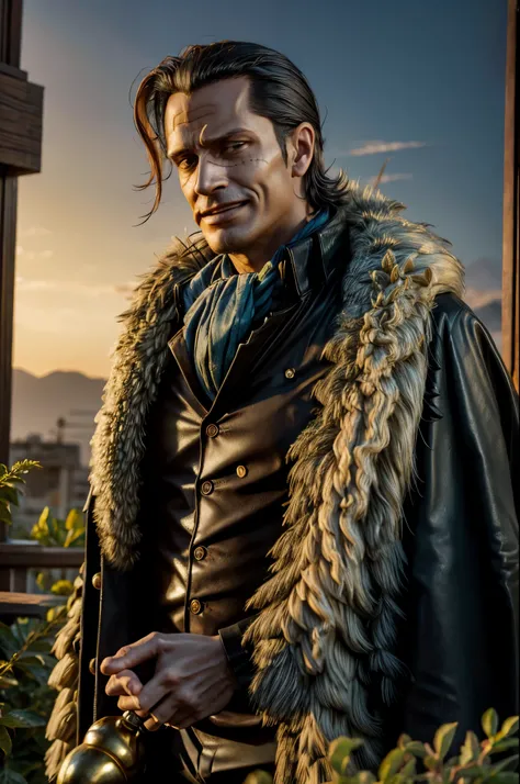 masterpiece, best quality, extremely detailed, hyperrealistic, photorealistic, a cool 40s man, ultra detailed face:1.2, fur-trimmed coat, scarf around the neck, his left hand is a golden pirate hook:1.1, distant view shot, flower garden:1.2, lots of plants...