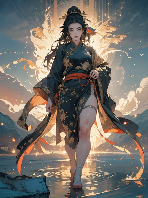 A beautiful Chinese girl standing in the water, misty reflection, a huge divine phoenix bird in the sky, Magia, fantasia, dynamic posture, composto por chamas brilhantes coloridas, rosto delicado, olhos delicados, longos cabelos pretos e dourados, wearing ...