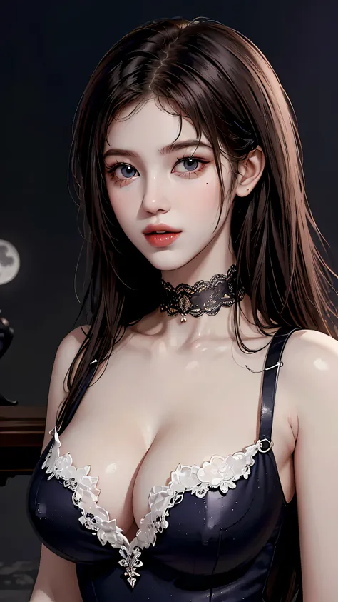 Beautiful girl with realistic black eyes, Pale skin, Long black hair, Perfect Face, Perfect Eyes, ((Deep neckline tight lace dress)) Very detailed, The whole movie, Digital Painting, 8k, Cinema Lighting, (((Revealing clothing)))，Big Breasts，choker(Uhd, ret...