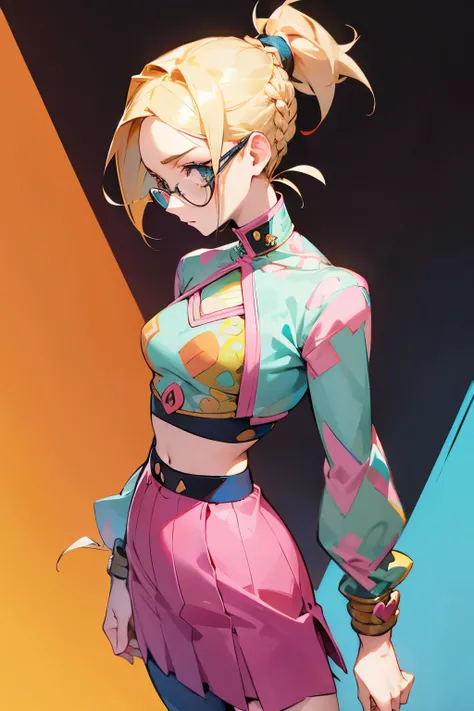 Beautiful girl alone, thin, , slender frame, blonde hair, short hair, ponytail, very short hair, braided strand in ponytail, freckles, glasses, jojos bizzare adventure outfit, colorful outfit, intricate outfit, two piece outfit, skirt