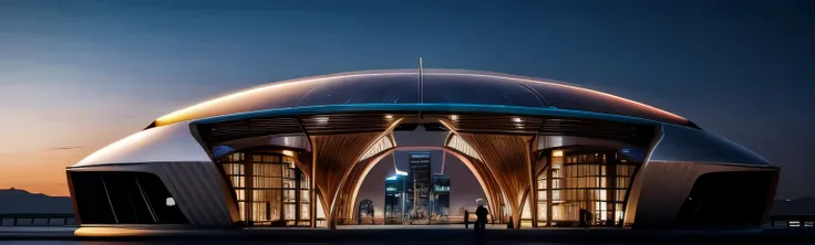 Day, theater exterior, zaha hadid style, bionic form, curve form, metal and wood mix together, masterpicece, high quality, 8k uhd, tropical landscape,There is a glass dome，You can see the city and mountains, downtown solarpunk utopia, solarpunk city, solar...