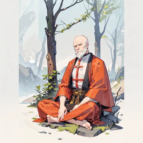 an old man，White beard，Baldhead，Taoist monk costume，Wearing monastic robes，In the woods，Sitting cross-legged on a rock and meditating。Medium shot composition，Full body pictures，color，Anime illustration style，HD，4K。