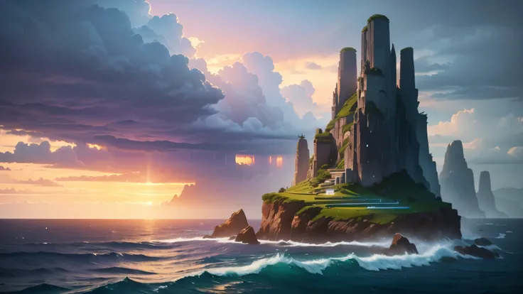 Scene on the sea，Background after the storm a ray of light through the dark clouds。Sunshine after the storm。(masterpiece, best quality:1.2), (masterpiece, best quality:1.2), landscape, landscape indigo accent, myth, Movie,detailed, atmosphere,Backlight,epi...