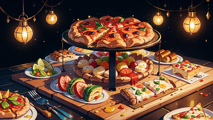 best quality, masterpiece, Ultra-high resolution, Depicting the sumptuous Eid al-Fitr delicacies, Including juicy pizza，Delicious desserts，Bright color