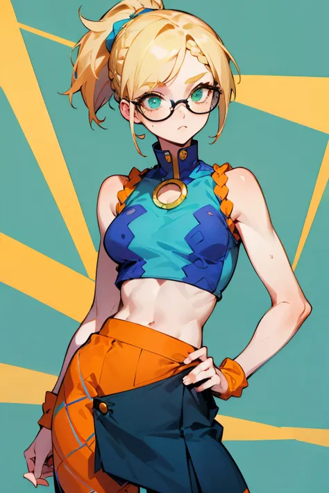 Cute girl alone, thin, tan, slender frame, blonde hair, short hair, ponytail, very short hair, braided strand in ponytail, freckles, glasses, jojos bizzare adventure outfit, colorful outfit, intricate outfit, two piece outfit, skirt, blue, orange, green, s...