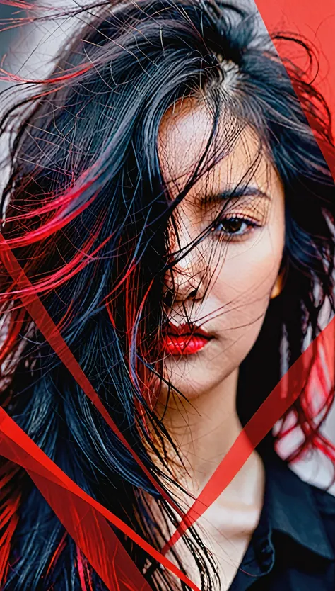 abstract female portrait, undefined hair, red and black color palette, blurred boundaries, upper body, fragmented visual style, evokes feelings of rebellion and passion