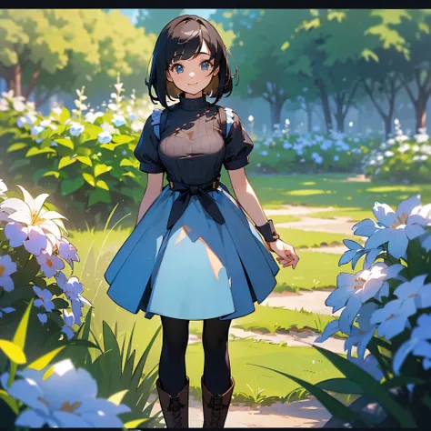 (high quality, High resolution, Very detailed, reality:1.37), Peaceful atmosphere, (Outdoor, garden), teenage girl standing alone, (my breasts are big.), Beautiful detail features, Cute Smile, (Black bob hair), Short sleeve ribbed sweater, Blue Skirt, blac...