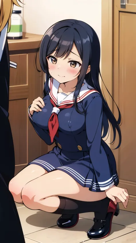 2 girls, by 2 person, Girl&#39;s brown eyes, Black Hair, Medium Long Hair, Inner Roll、(navy blue sailor suit:1.4),Indoors, Cafe、Very large breasts、Publish one&#39;Chest、裸Chest、blush、Embarrassing、Scary face、I&#39;m worried、Confused face、A face that feels、Pl...