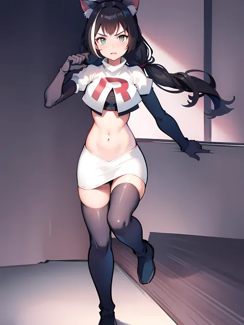 karyl,low twintails, twintails, cat tail,team rocket,team rocket uniform,white skirt,red letter R,crop top,black thigh-highs,black elbow gloves