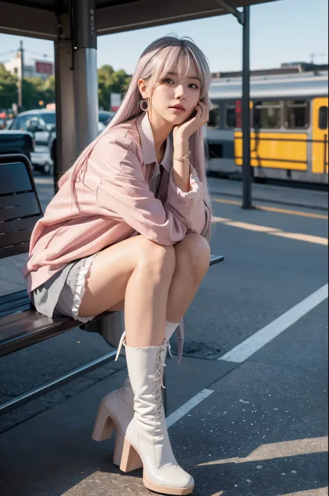 artworks，ultra high resolution，8K resolution，Accurate facial features with depth of field，is a perfect face，girl，the only person，ssmile，Long gray hair，with pink hair，crossed bangs，shairband，bangle，collars，hoop earings，aviator sunglasses bomber jacket，red f...