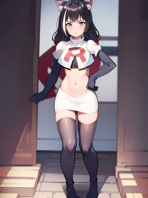 karyl,low twintails, twintails, cat tail,team rocket,team rocket uniform,white skirt,red letter R,crop top,black thigh-highs,black elbow gloves