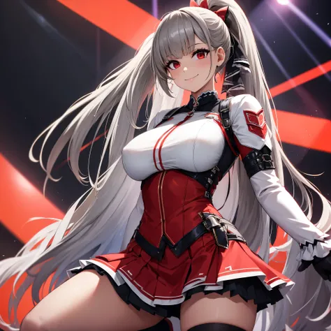 A woman wearing a gray idol uniform with red details, short skirt, black womens long socks, big breasts, smiling, long gray hair, ponytail hair, red eyes, on an idol music stage with red, white, orange lights, HDR, ultra resolution, well defined, masterpie...