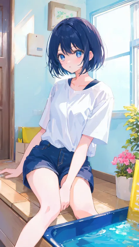 Illustration、(Manga style:1.0)、girl、Short sleeve shorts、Inside the house、summer、short hair、Black Hair