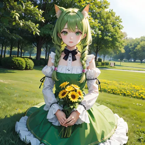 Cat wearing yellow-green ribbon、Hair yellow-green、yellow-green eyes、Green clothes、Holding flowers、grass、garden