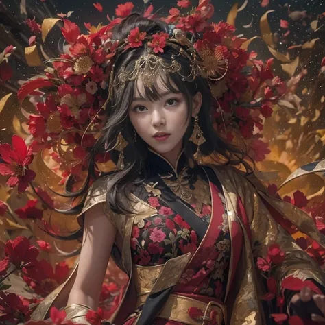 32k gradient glass texture（masterpiece，HD，Ultra HD，32k）Short Burgundy Hair，flowing short hair，Onsen District，Flame Girl ，Yao Lang protector （Realistically：1.4），Python print robe，Black gold master Kawashima work headdress，Sakura petals fluttering，Background...