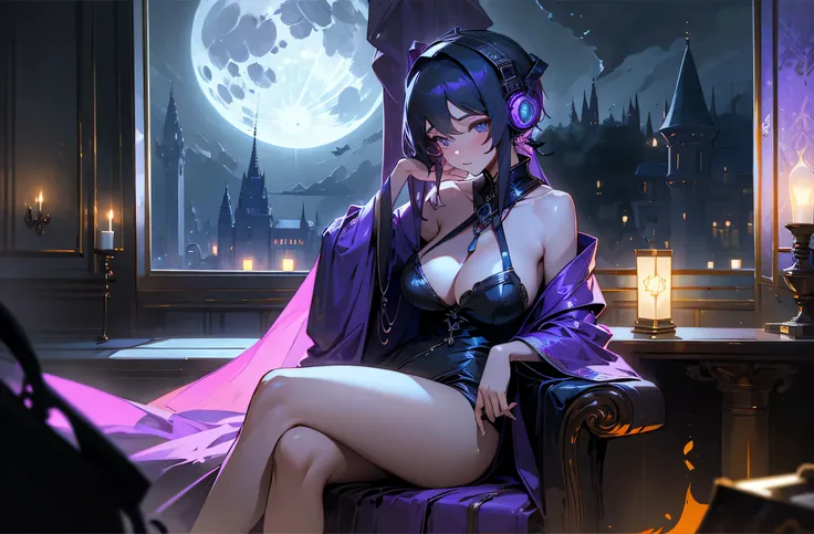 A woman wearing a bathrobe and headphones is sitting on a sofa、A beautiful night view behind、big breasts、sexy、Room with a night view、moonlight、exposed、Downlight、full moon、Stylish room with fireplace