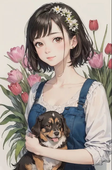 (masterpiece、highest quality、highest quality、Beautiful and beautiful:1.2)、Good anatomy、(watercolor1.5)、(Pigment Thin 1.5)、Drawing of a girl with straight short hair、Shy smile、Holding a brown puppy、Dutch Decoy Spaniel、looking at the camera、put flowers and l...