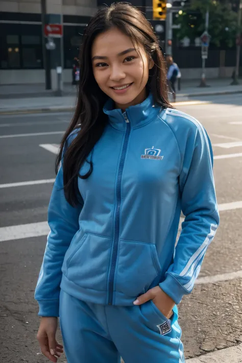 (realistically, masterpiece, 8K HD, Good lighting quality, track suit, fit snugly on face, intricate details), one，Mongolian girl, 13 years younger, happy, The smile is bright, Detailed faces, perfect style、combed black hair，Sportswear，afternoon，street、The...