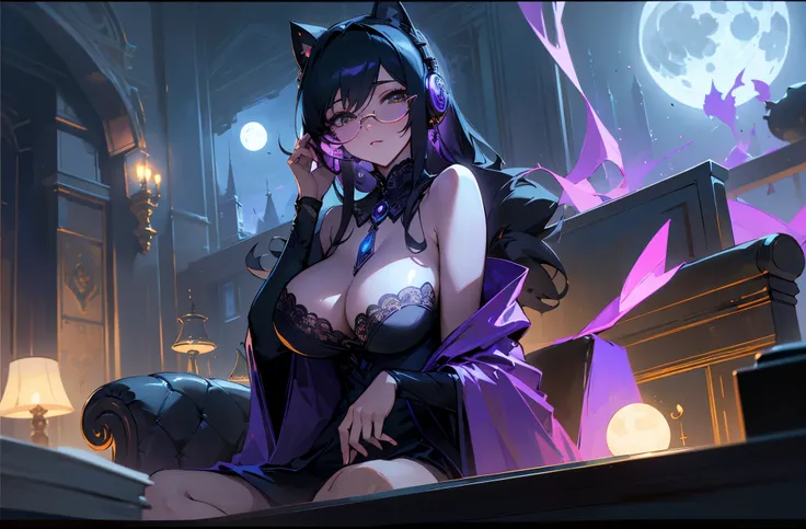 A woman wearing a bathrobe and headphones is sitting on a sofa、A beautiful night view behind、Big Breasts、sexy、Room with a night view、Moonlight、Unbuttoned、Downlight、full moon、Stylish room with fireplace、Black-rimmed glasses