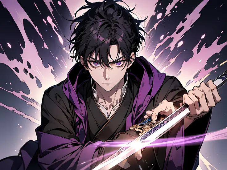 a man in a purple shirt holding a sword, handsome guy in demon slayer art, koyoharu gotouge, hijikata toushirou of gintama, wearing black and purple robes, ufotable studio art style, in dark purple robes, dark purple robes, official character art, screensh...